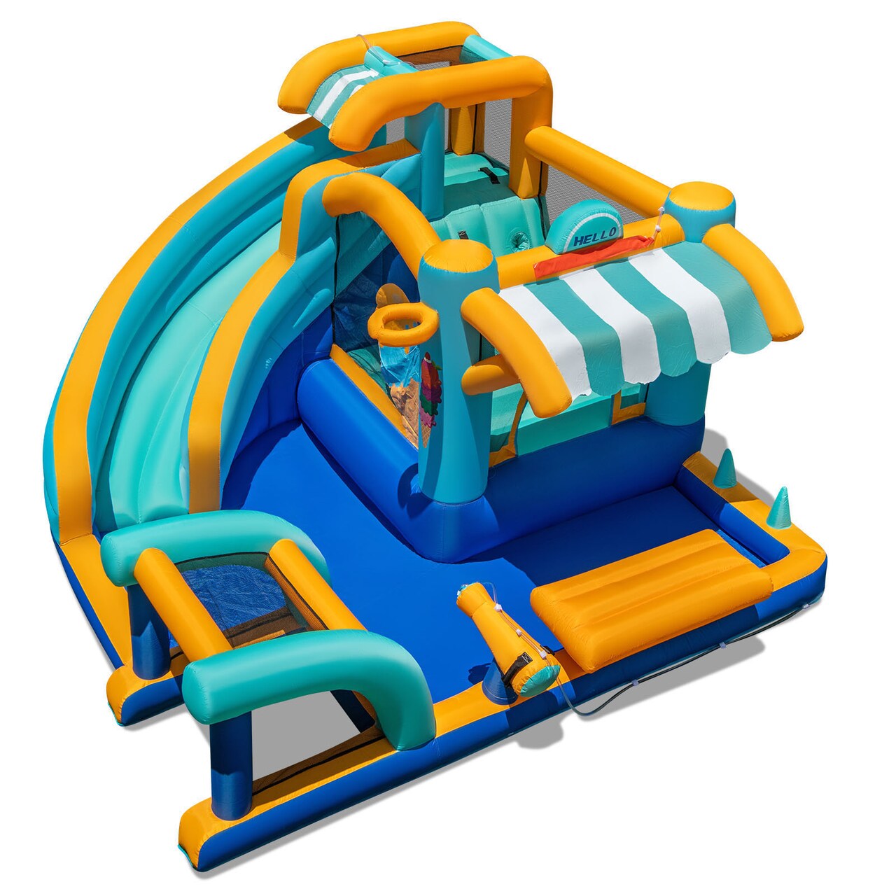 Multi-Colored Ice Cream Themed Inflatable Bounce House with Water Slide, Jumping Area, Climbing Wall, Splash Pool, Basketball & Football Games – Outdoor Kids Water Slide Playhouse for Ages 3-12